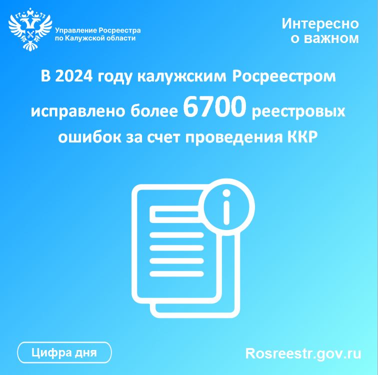 В 2024 году калужским Росреестром исправлено более 6700 реестровых ошибок за счет проведения ККР.